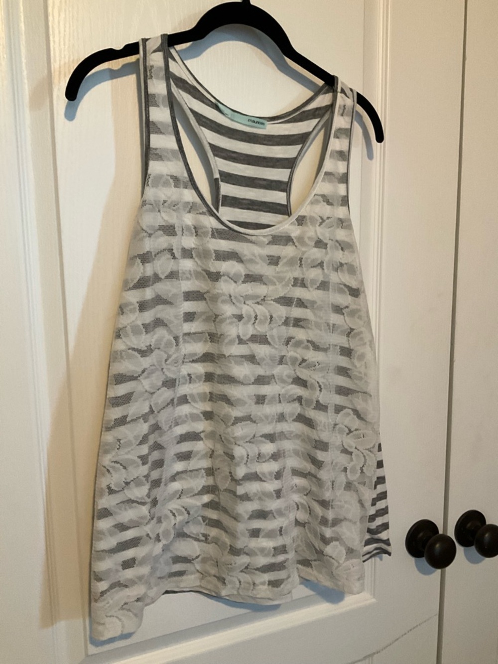 Maurices Gray and White Striped Lace Racerback Tank